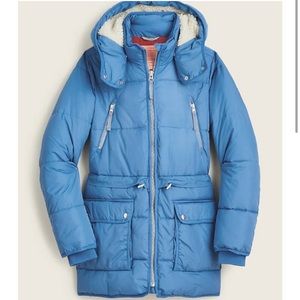 Never worn- Blue J. Crew Chateau puffer jacket with Primaloft size M